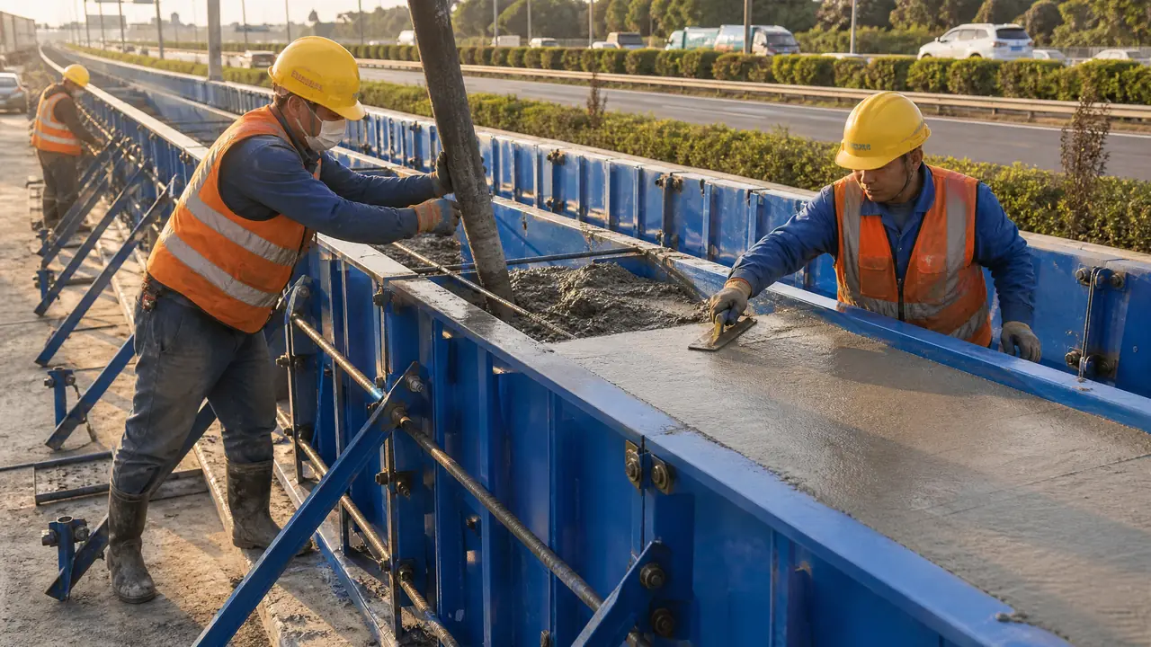 公路中央分隔带隔离带模具现浇施工现场，蓝色钢模拼装成型